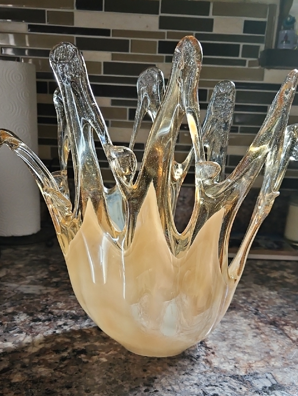 Art Glass Sculptural Vase - Clear and Cream Melted Design